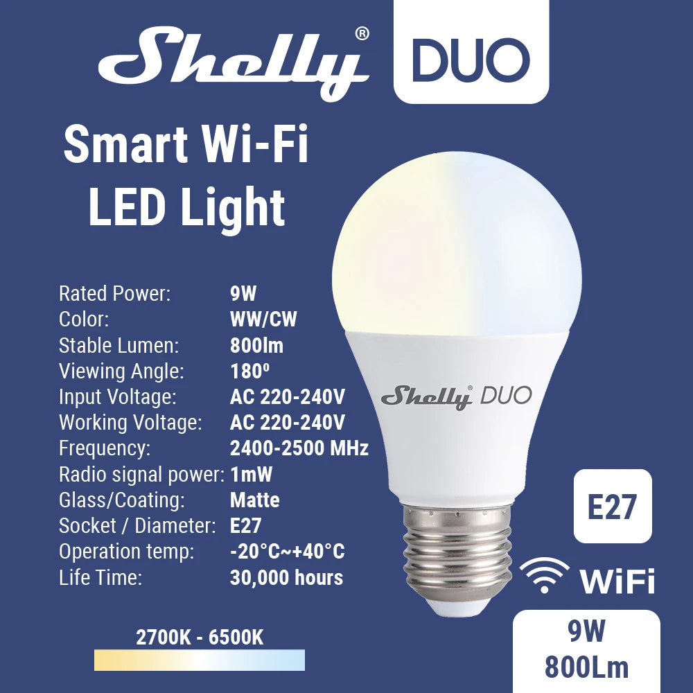 Shelly Duo Rgbw/White 9W WiFi Smart Light LED Bulb  Work with Alexa/Google Home 220-240V Dimmable Timer Function Magic Bulb