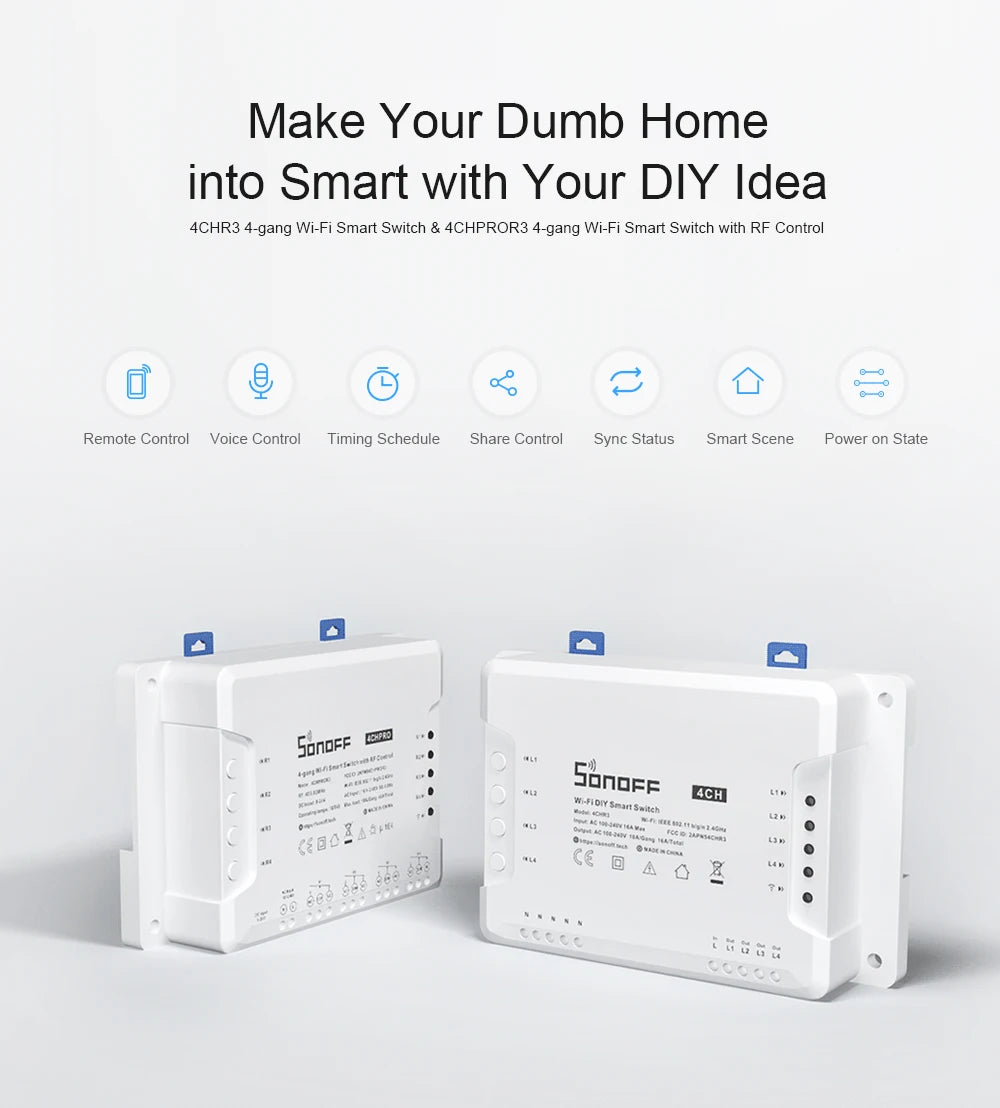 Itead SONOFF 4CH R3/ 4CH PRO R3 Wifi Switch Module 4 Gang Wi-Fi DIY Smart Switch APP Voice Control Smart Home Works With Alexa