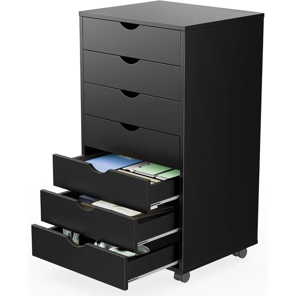 7 Drawer Chest Mobile Storage Cabinets Wooden Dresser with Wheels Room Organization Furniture for Office Home, Black Wood