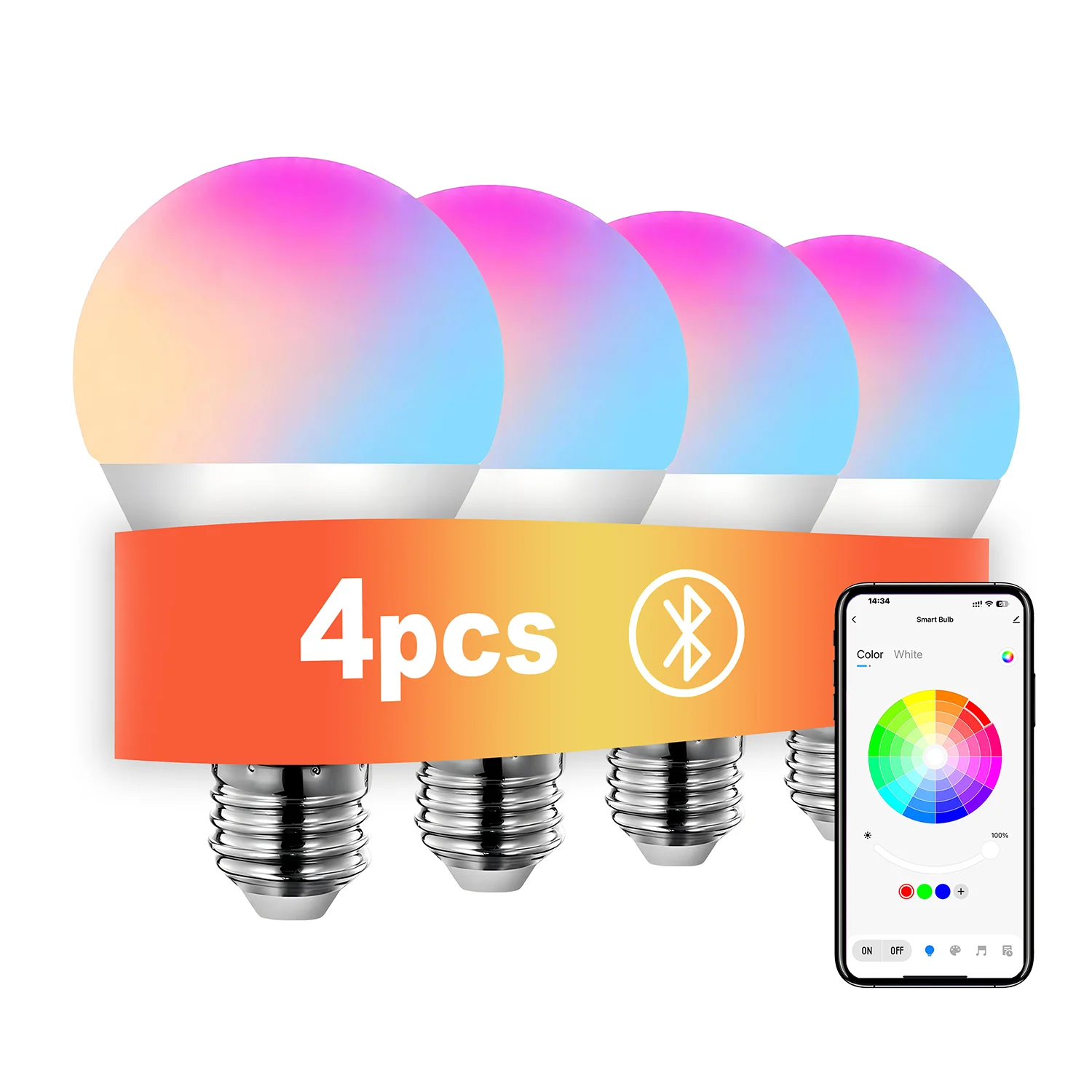 4pcs, Smart RGBCW LED Bulb, Dimmable Color Changing, Music Sync, App Control, Smart Home Light for Bedroom Living Room