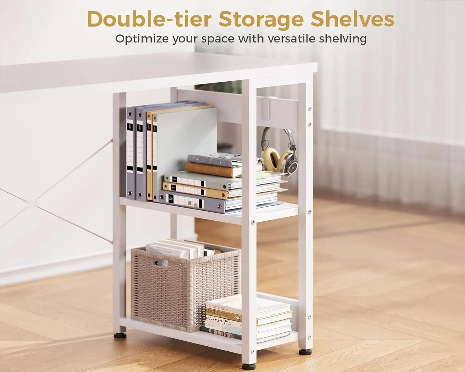 40in White Computer Desk with 4 Fabric Drawers Storage Shelves Home Office Gaming Study, Customized