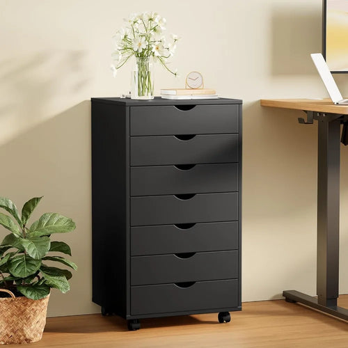 7 Drawer Chest Mobile Storage Cabinets Wooden Dresser with Wheels Room Organization Furniture for Office Home, Black Wood