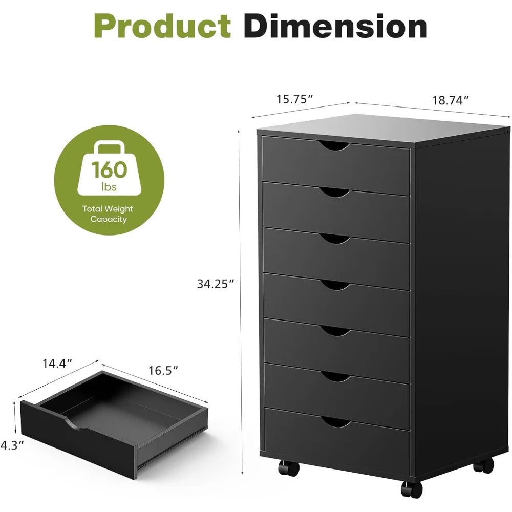 7 Drawer Chest Mobile Storage Cabinets Wooden Dresser with Wheels Room Organization Furniture for Office Home, Black Wood