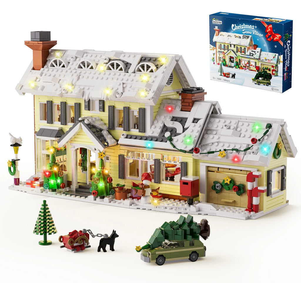 Christmas Holiday House Building Set Christmas Holiday Snow Village Blocks Toys with Clark's Car,Gifts for Boys, Girls(1484pcs)