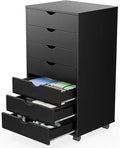 7 Drawer Chest Mobile Storage Cabinets Wooden Dresser with Wheels Room Organization Furniture for Office Home, Black Wood