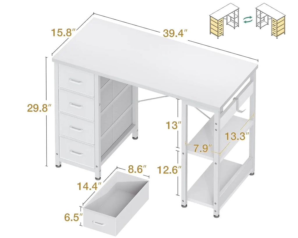 40in White Computer Desk with 4 Fabric Drawers Storage Shelves Home Office Gaming Study, Customized
