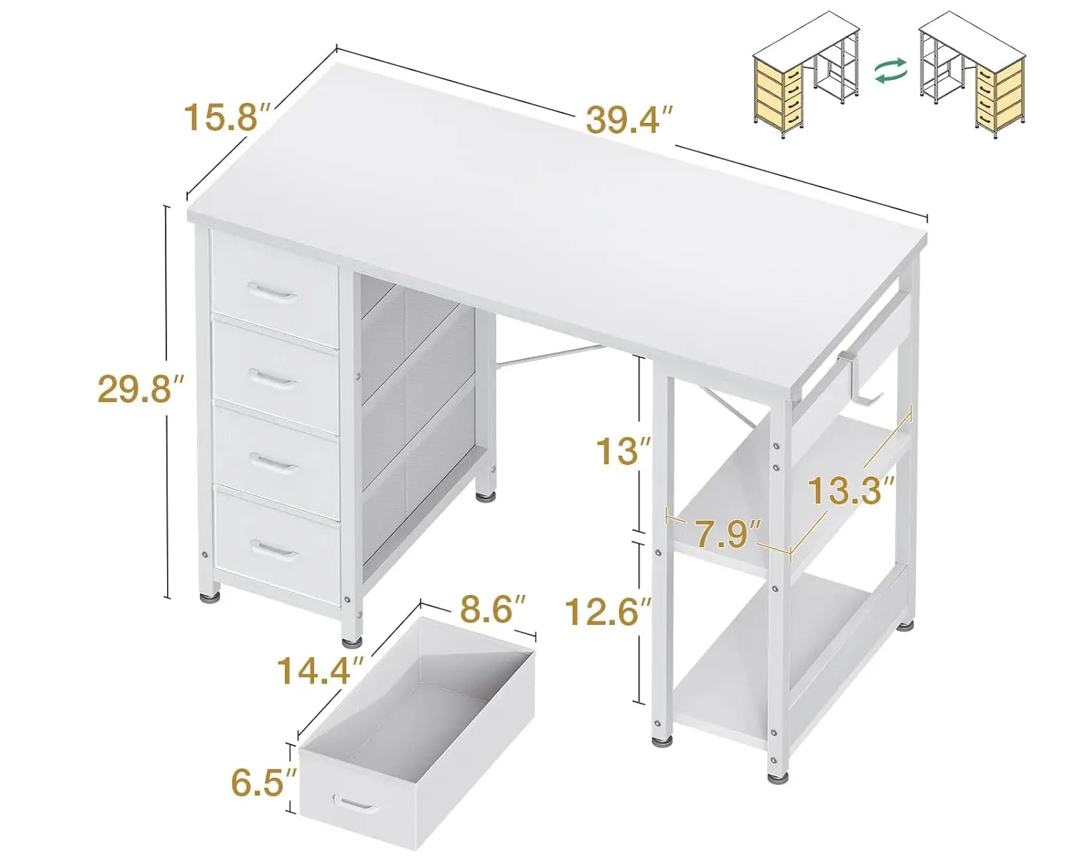 40in White Computer Desk with 4 Fabric Drawers Storage Shelves Home Office Gaming Study, Customized