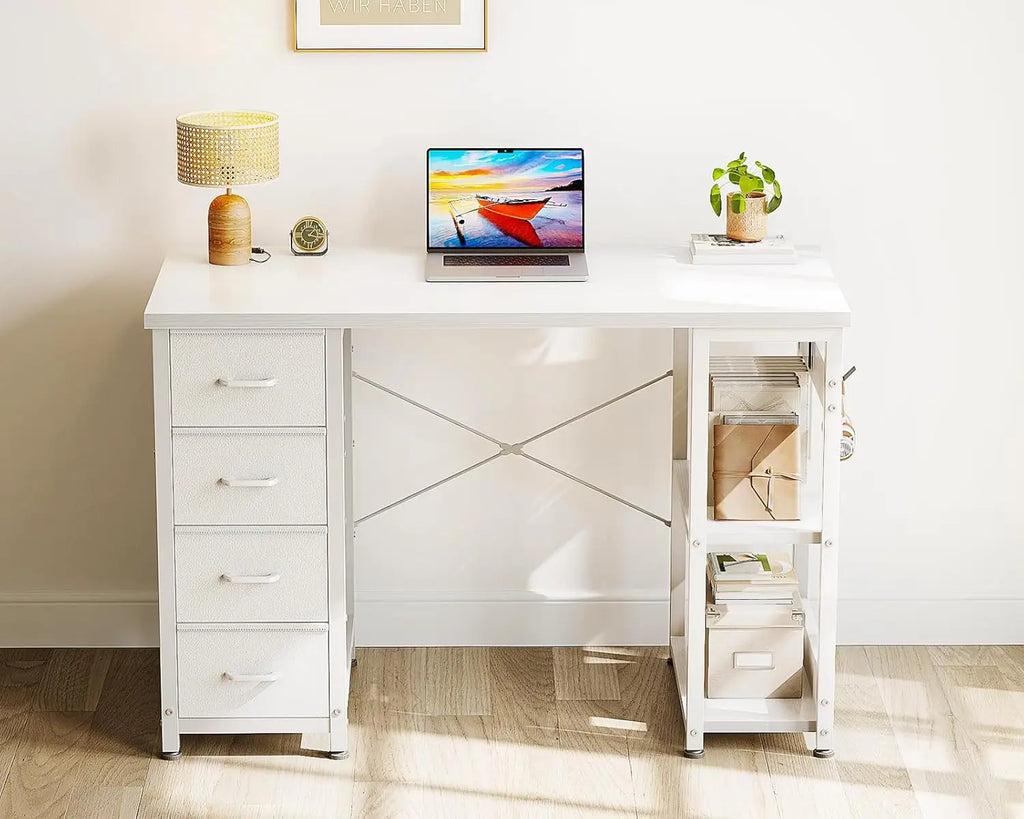 40in White Computer Desk with 4 Fabric Drawers Storage Shelves Home Office Gaming Study, Customized