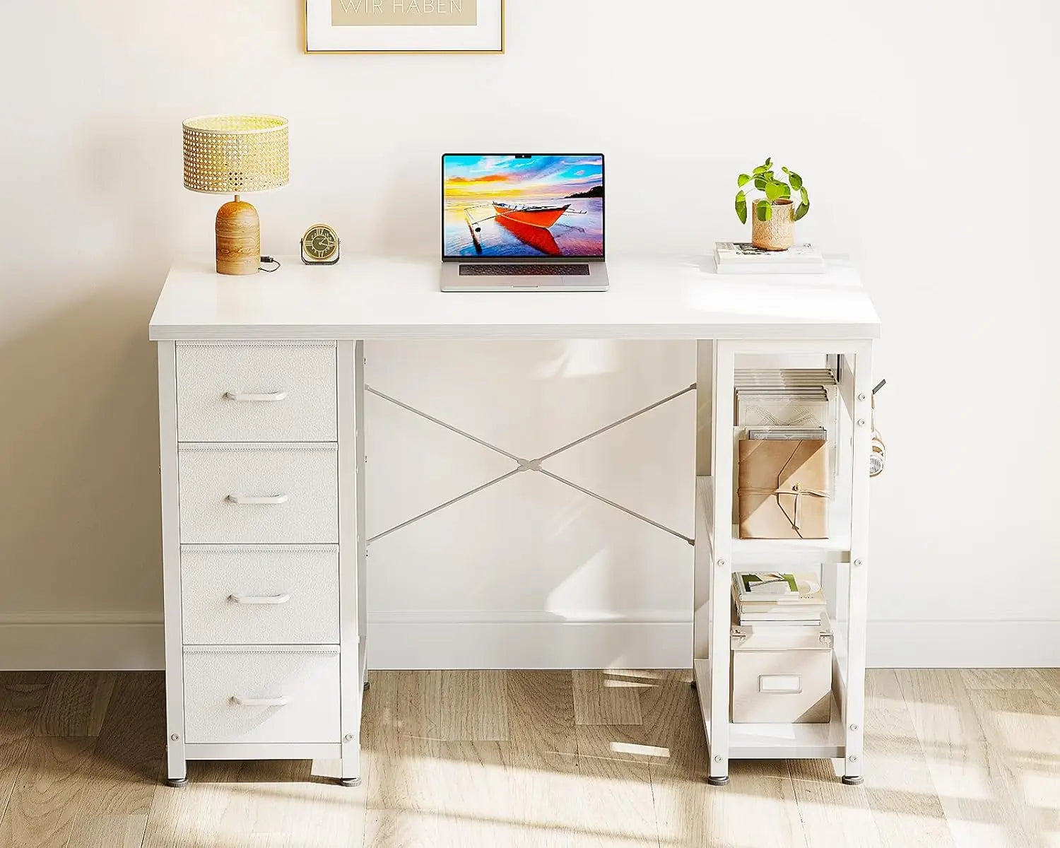 40in White Computer Desk with 4 Fabric Drawers Storage Shelves Home Office Gaming Study, Customized