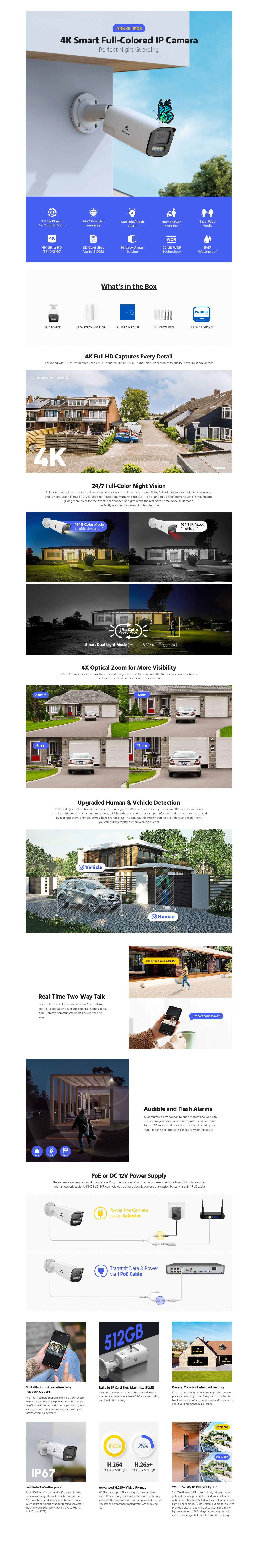 ANNKE 4K Smart Dual Light Varifocal Bullet Network Camera 4X ZOOM Two-way Audio IP67 Human Vehicle Detection 8MP Smart Home Cam