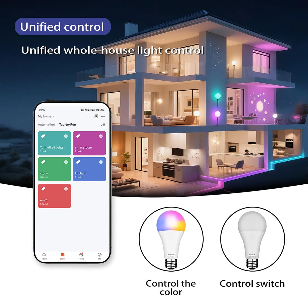 4pcs, Smart RGBCW LED Bulb, Dimmable Color Changing, Music Sync, App Control, Smart Home Light for Bedroom Living Room
