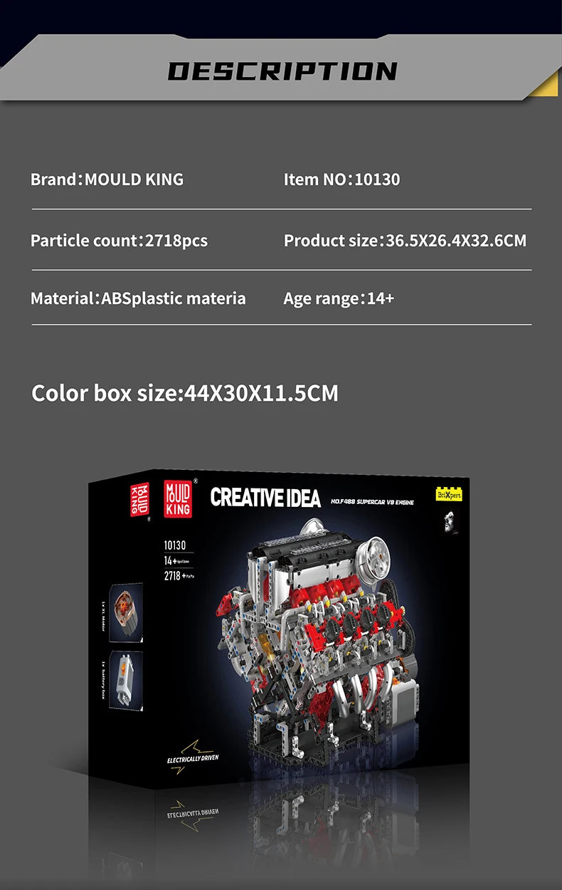 Mould King 10130 The F488 Supercar V8 Engine Building Block Technical Car Brick Set Assembly Car Engine Toys Kids Christmas Gift