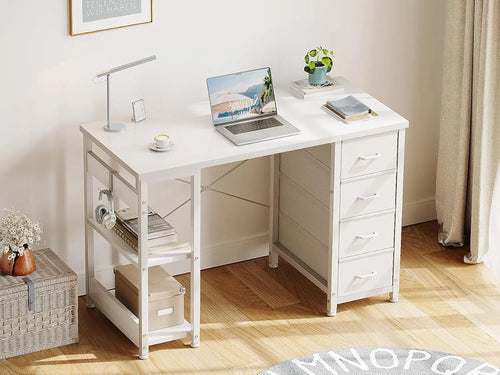 40in White Computer Desk with 4 Fabric Drawers Storage Shelves Home Office Gaming Study, Customized