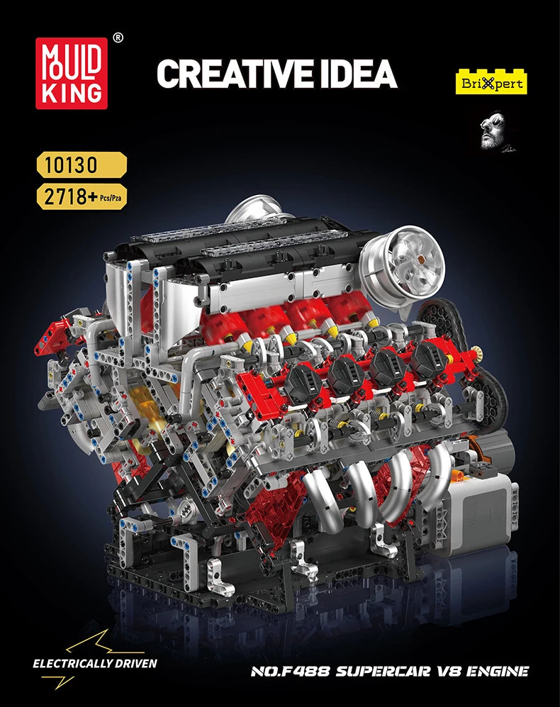Mould King 10130 The F488 Supercar V8 Engine Building Block Technical Car Brick Set Assembly Car Engine Toys Kids Christmas Gift