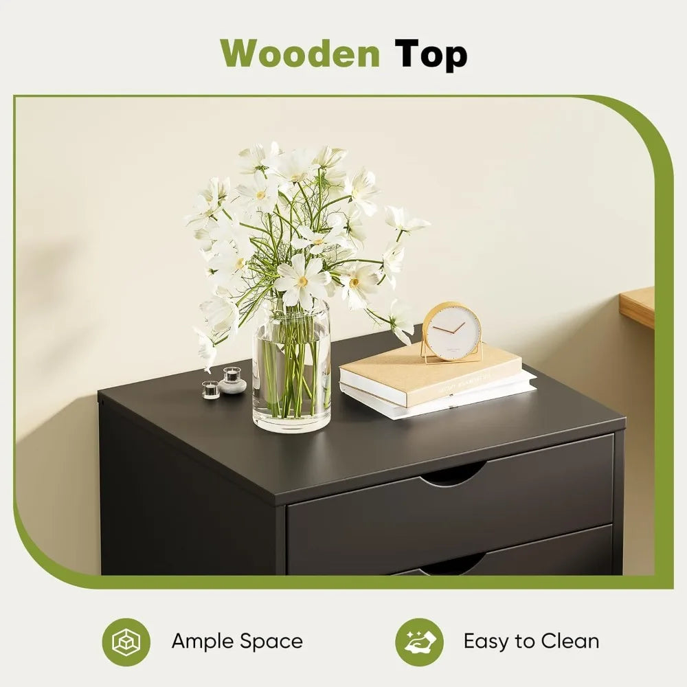 7 Drawer Chest Mobile Storage Cabinets Wooden Dresser with Wheels Room Organization Furniture for Office Home, Black Wood