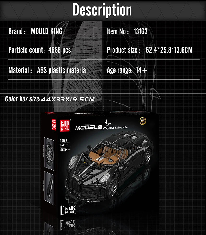 Mould King 13163 Technical Car Toys The MOC Black La Voiture Noire Building Block Assembly Sport Car Brick Kids Christmas Gift