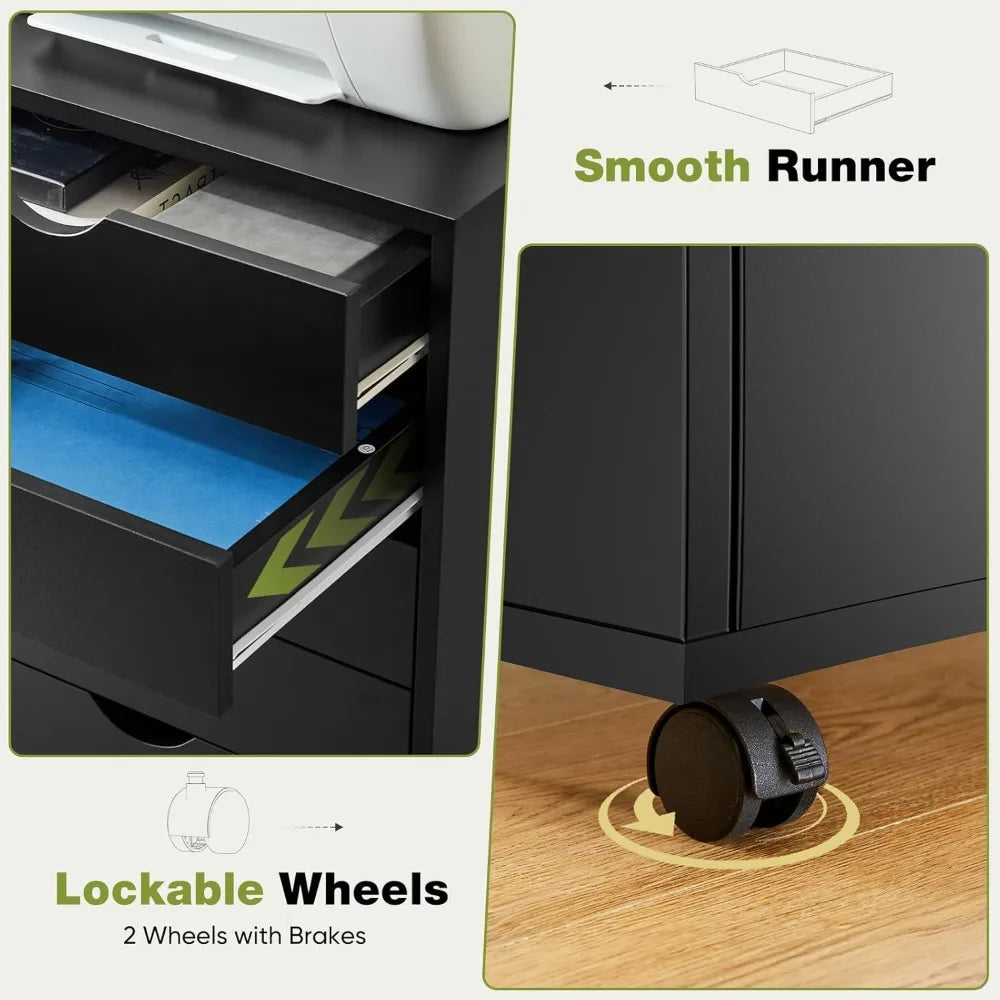 7 Drawer Chest Mobile Storage Cabinets Wooden Dresser with Wheels Room Organization Furniture for Office Home, Black Wood