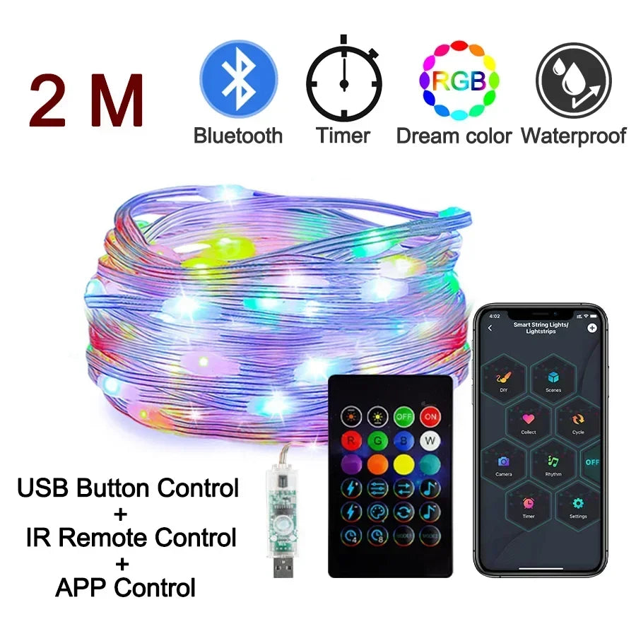 Smart Light String RGB Led Strip Bluetooth DIY Dreamcolor Fairy Light Christmas Tree Garland Light Waterproof Party Room Decor