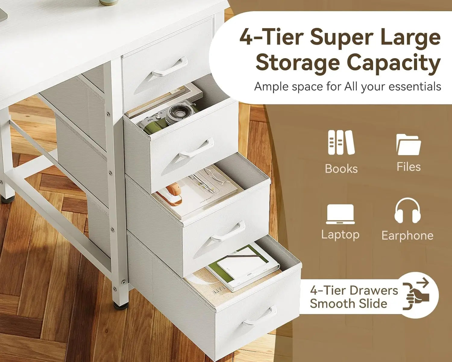 40in White Computer Desk with 4 Fabric Drawers Storage Shelves Home Office Gaming Study, Customized